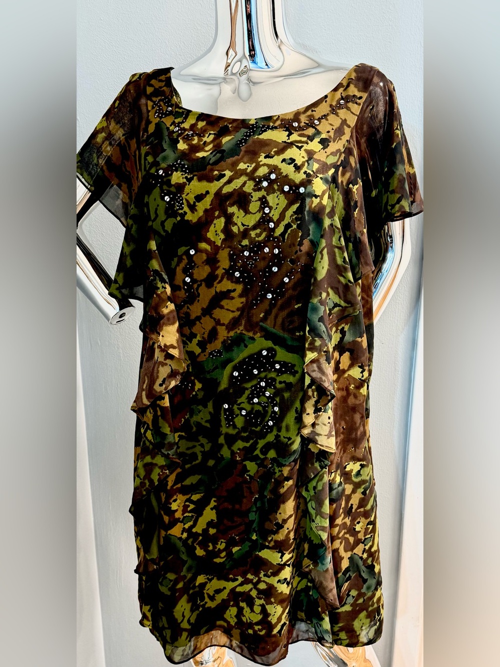 Robbie Bee Olive Green and Brown Camouflage Ruffle Tunic with Beads and Sequins